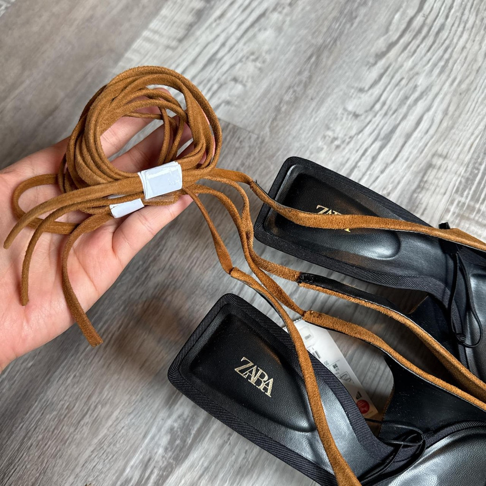 ZARA LACE-UP LEATHER SLINGBACK HEELS - BRAND NEW WITH TAGS - Picture 5 of 8